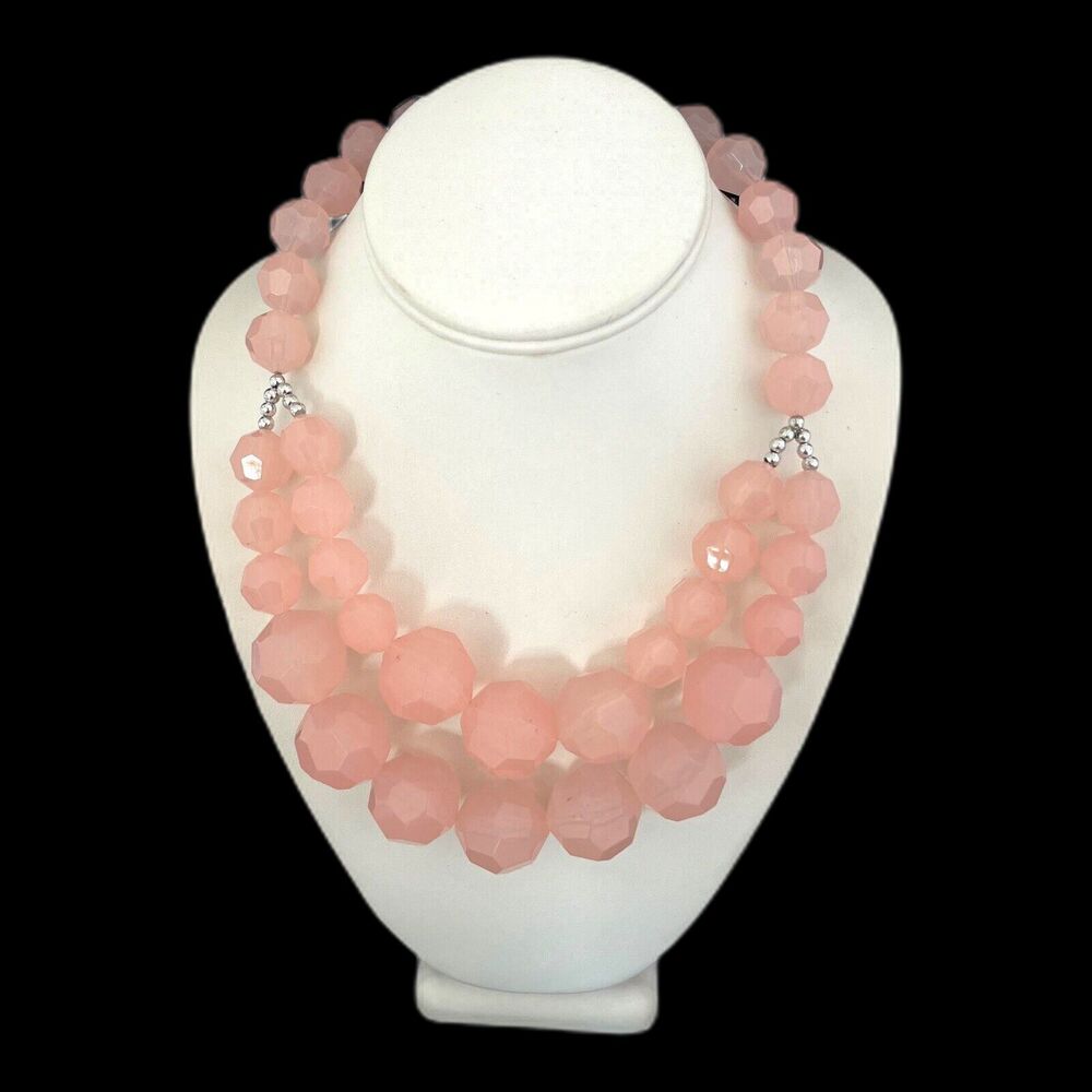 Vintage 1990s Silver Tone Lucite Necklace Pink Faceted Beads Multi Strand - 2J